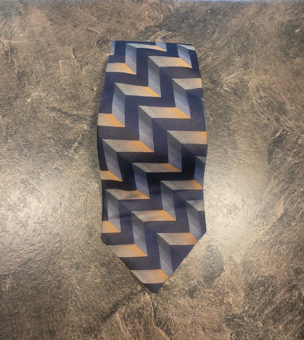 Bugatti Mens Navy Gold Geometric Silk Designer Necktie 4x57 Art Deco Luxury